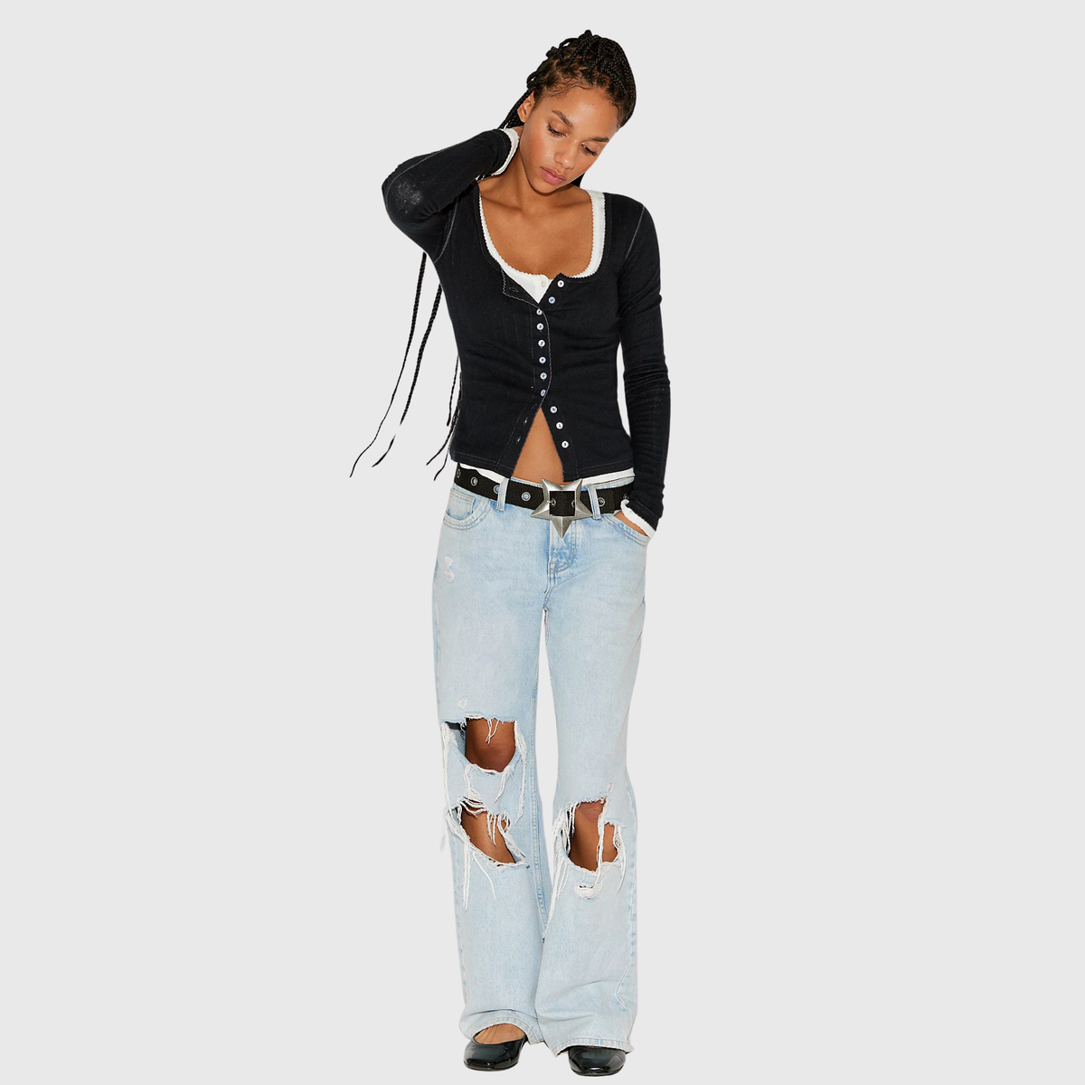 Free People Womens Endgame Pointelle Long Sleeve-Black