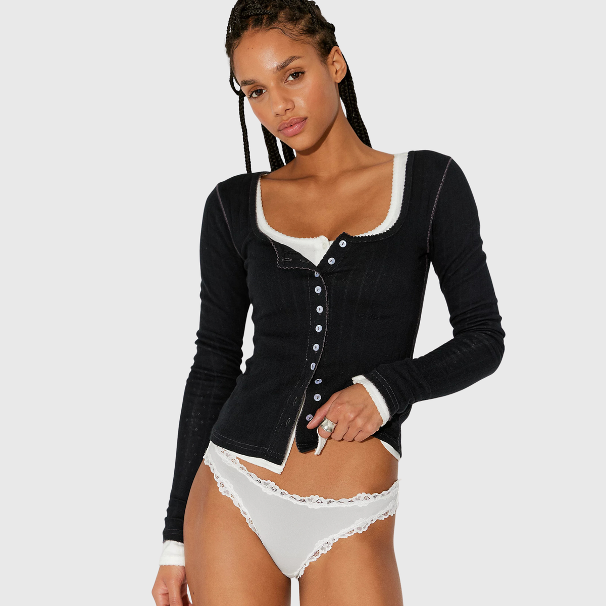 Free People Womens Endgame Pointelle Long Sleeve-Black