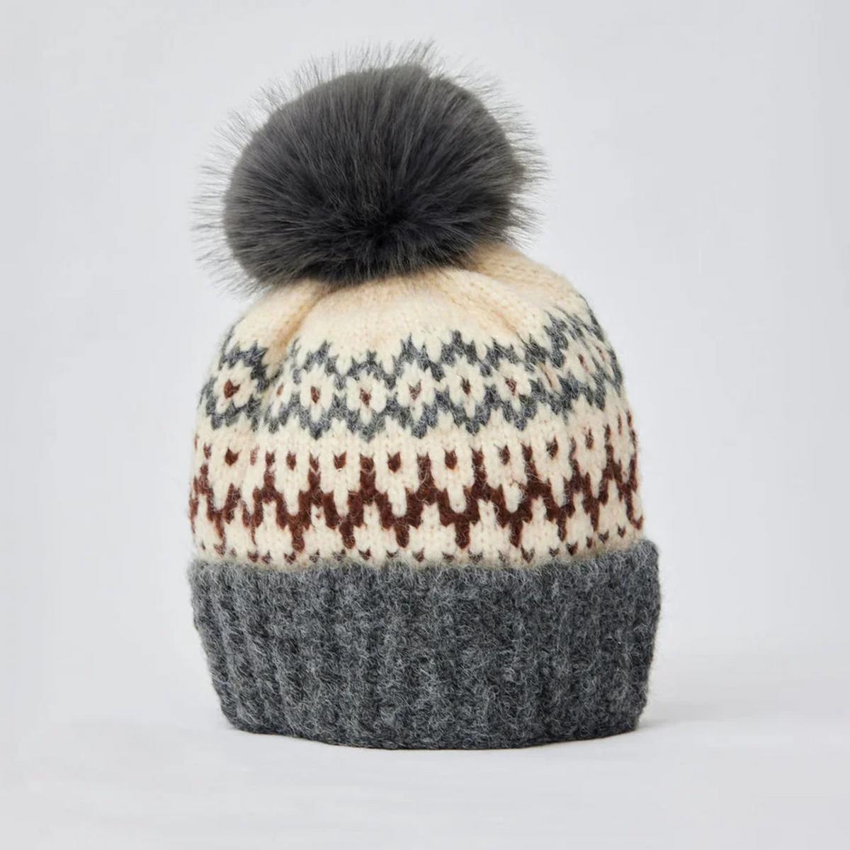 Hat Attack Womens Fair Isle Knit Beanie-Grey / Brown Combo 