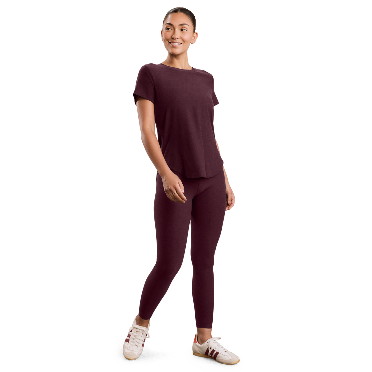 Beyond Yoga Womens Featherweight On The Down Low Tee- Cabernet Heather