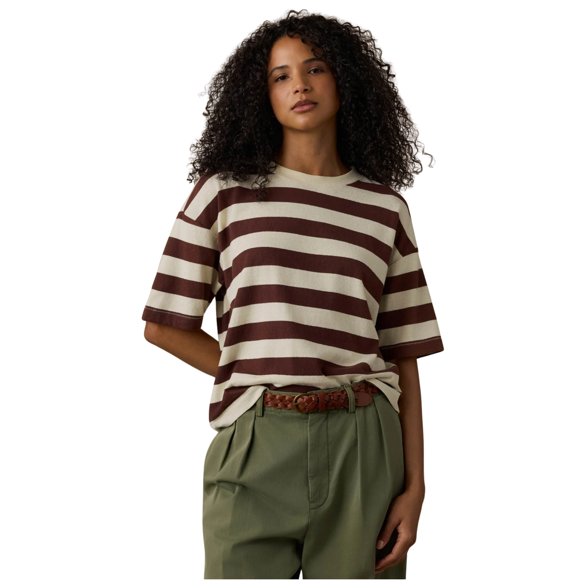 Faherty Womens Hemp Blend Vintage Tee- Espresso Stripe