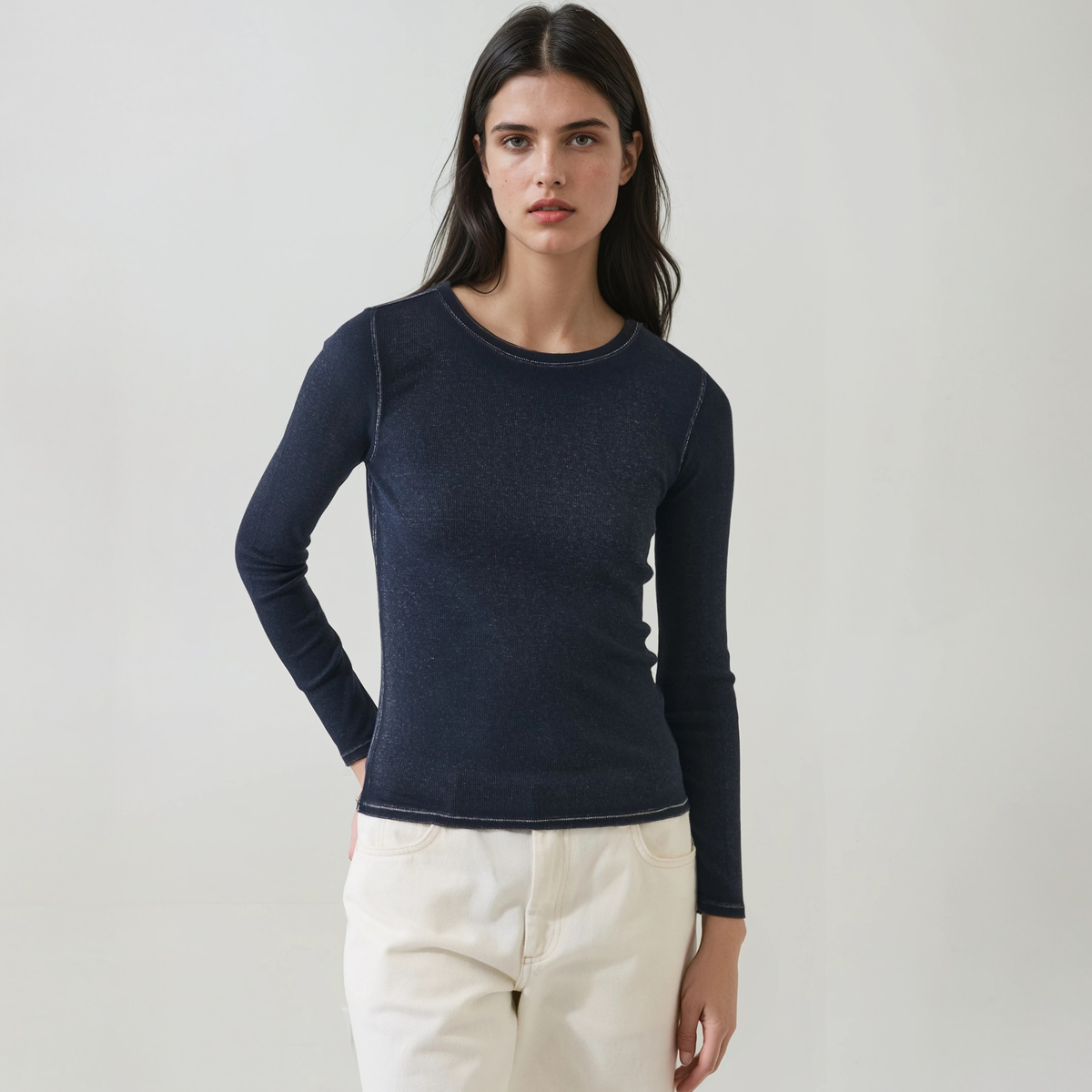 Patrick Assaraf Womens Long Sleeve Cot/Modal Vintage Rib Crew-403_Dark Navy