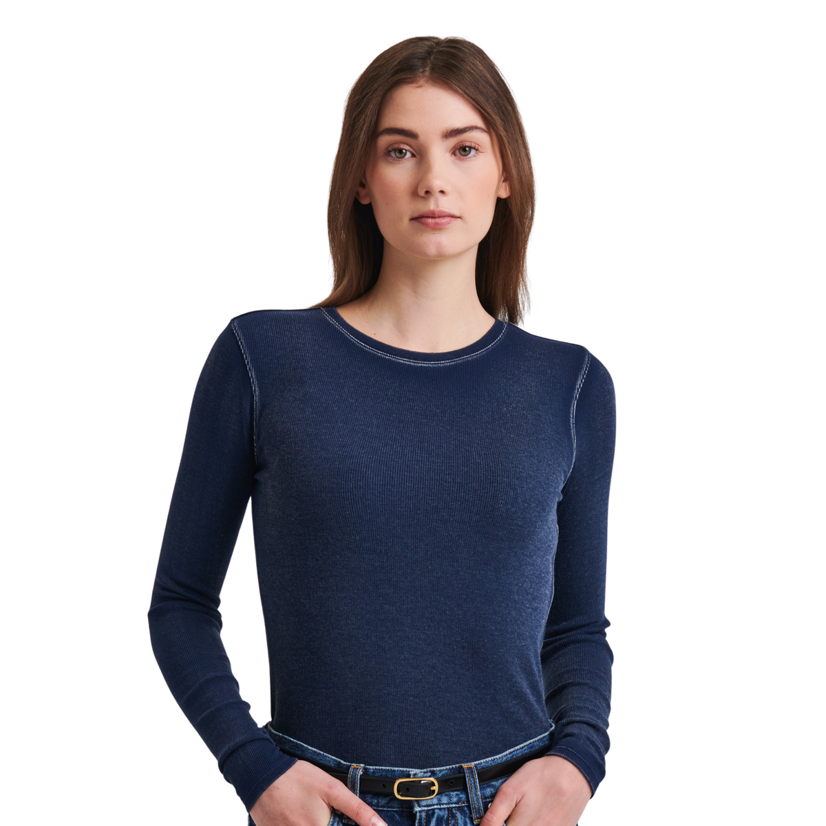 Patrick Assaraf Womens Long Sleeve Cot/Modal Vintage Rib Crew-403_Dark Navy