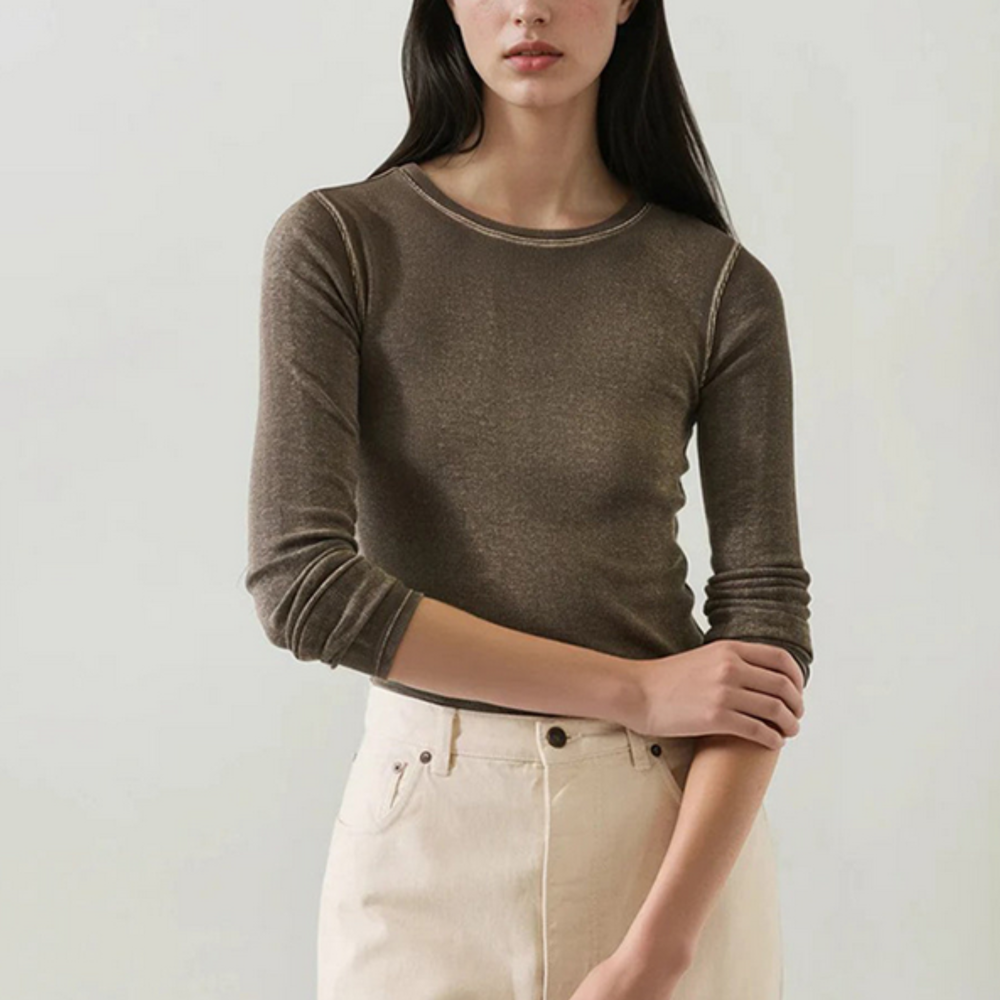 Patrick Assaraf Womens Long Sleeve Cot/Modal Vintage Rib Crew-Chestnut