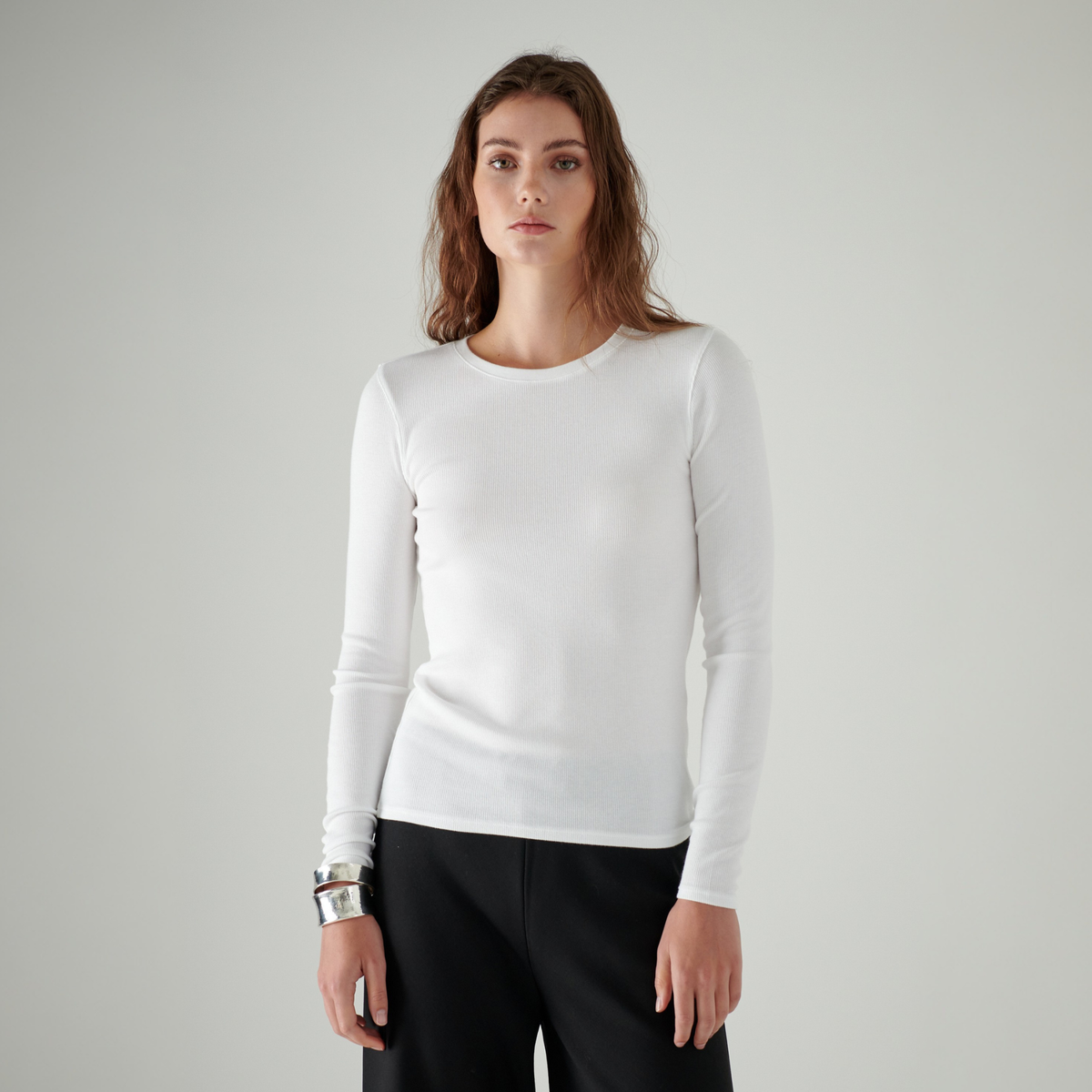 Patrick Assaraf Womens Long Sleeve Cotton Modal Rib Crew-100_White