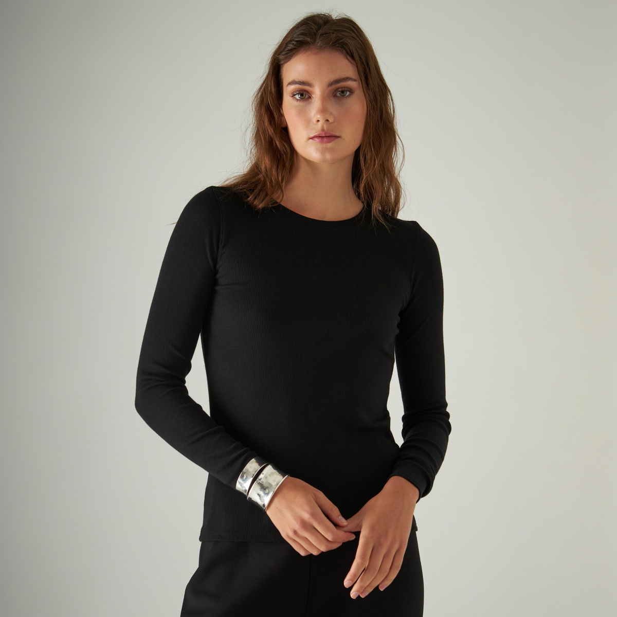 Patrick Assaraf Womens Long Sleeve Cotton Modal Rib Crew-001_Black