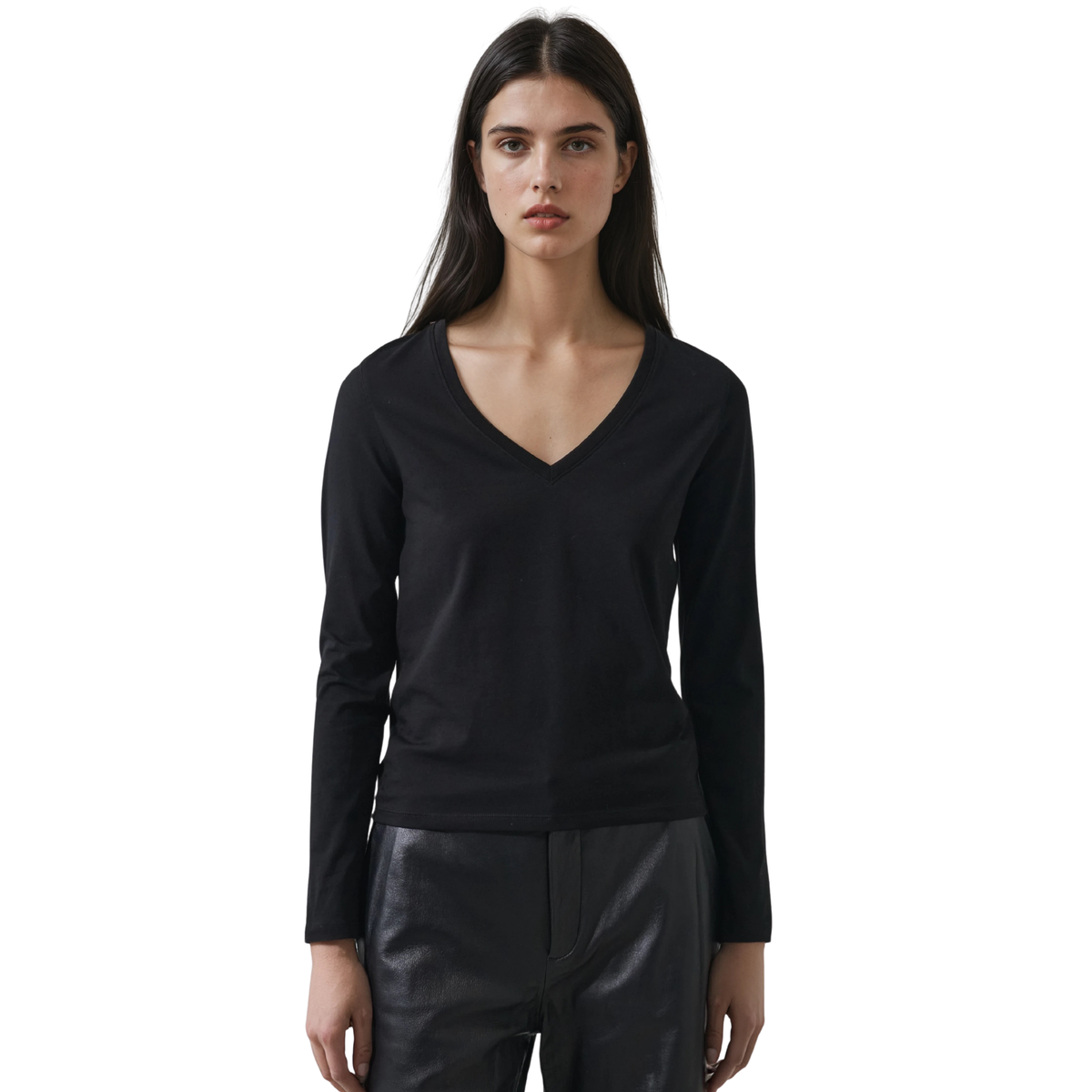 Patrick Assaraf Womens Long Sleeve Iconic Pima Stretch V-Neck-001_Black