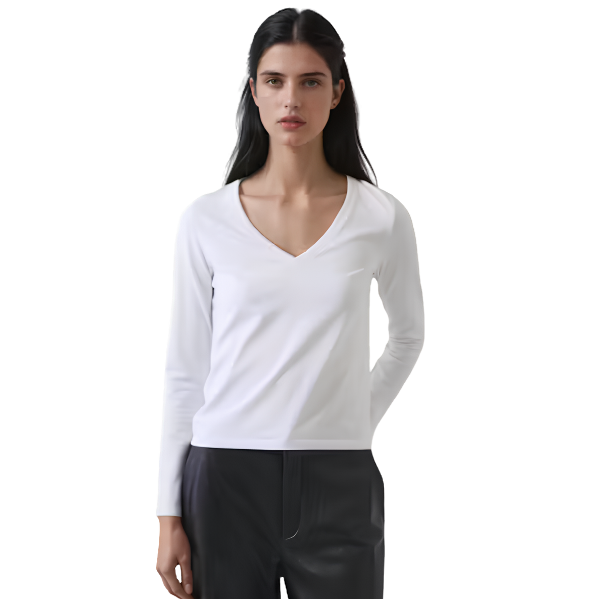 Patrick Assaraf Womens Long Sleeve Iconic Pima Stretch V-Neck-100_White