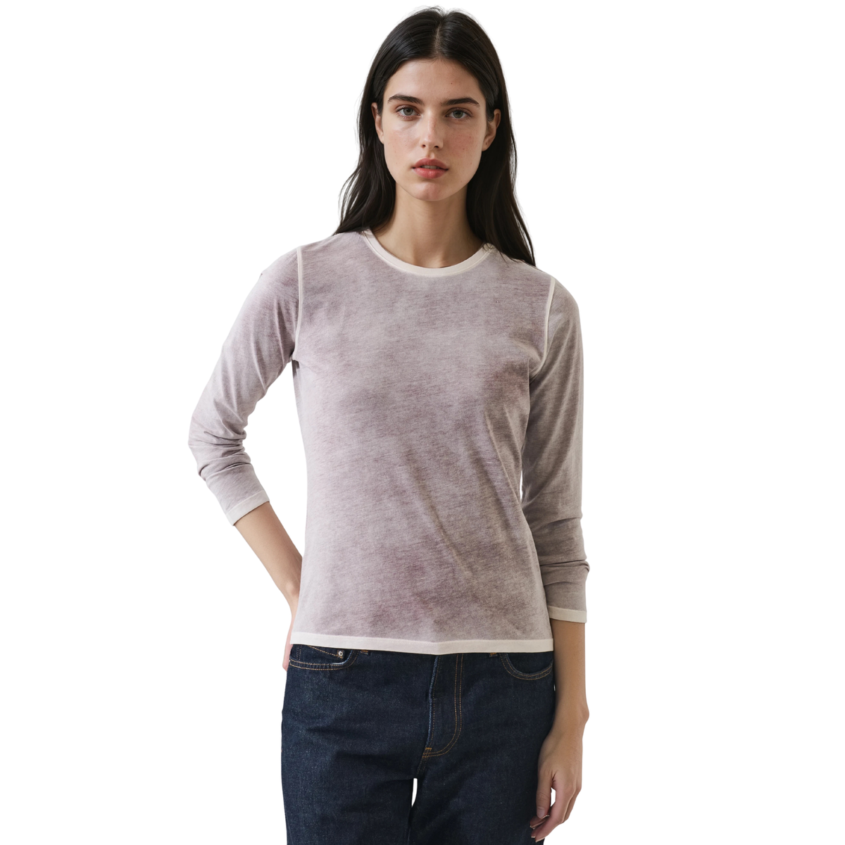 Patrick Assaraf Womens Long Sleeve Pima Classic Rev Spray Crew-256_Brown Stone