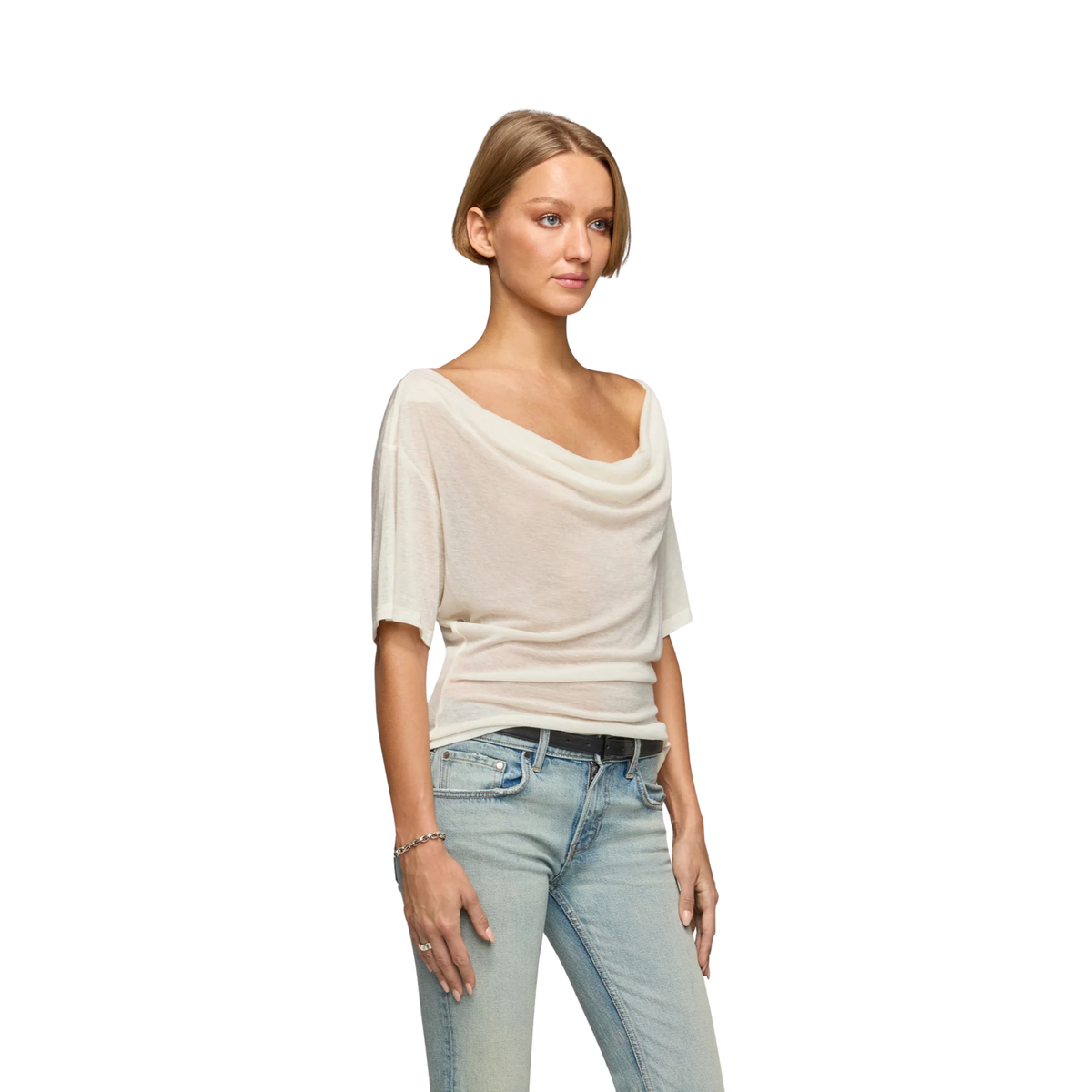 EB Denim Womens Madeo Cowl Neck Tee-Ivory