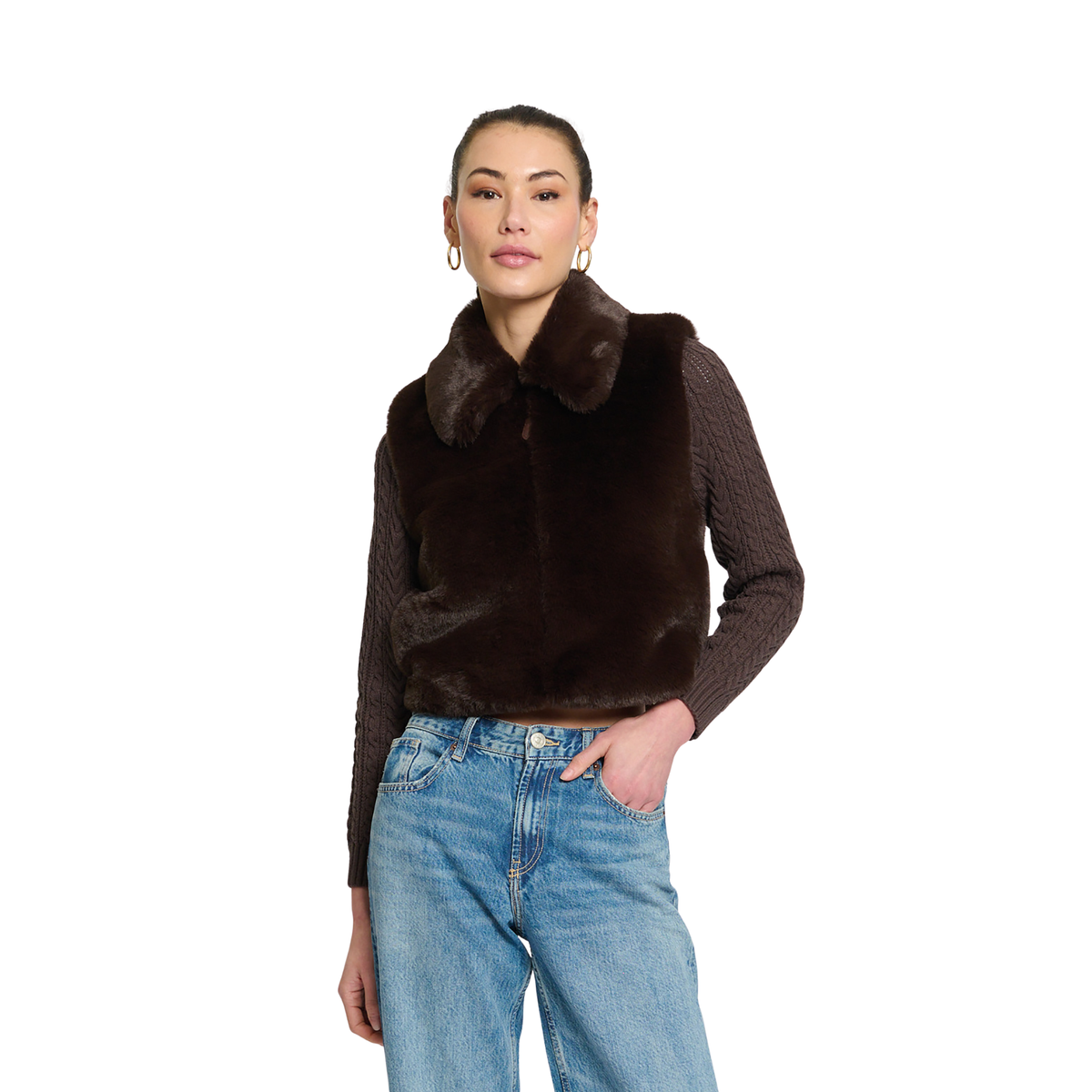 Central Park West Womens Maia Cropped Fur Cabled Sleeves Sweater - Chocolate