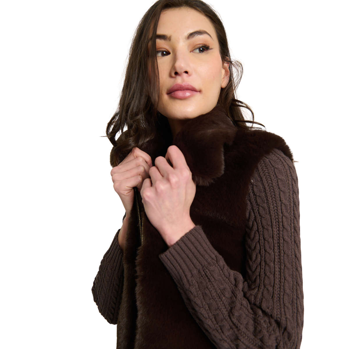 Central Park West Womens Maia Cropped Fur Cabled Sleeves Sweater - Chocolate