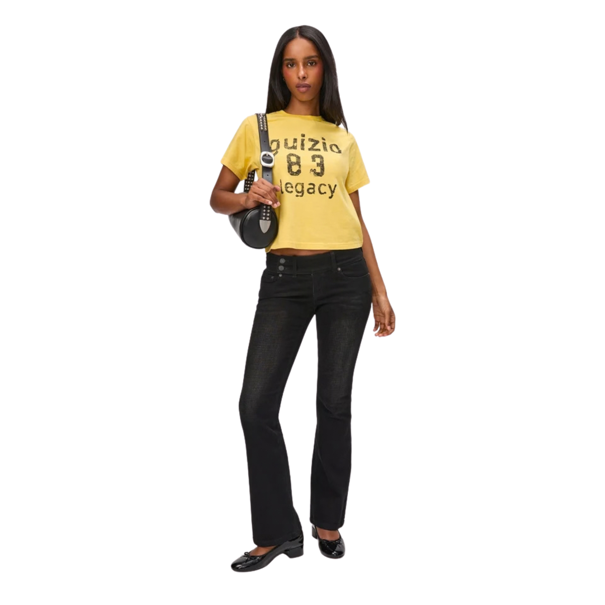 Guizio Womens Malia Low Rise Belted Flare Denim-Washes Black