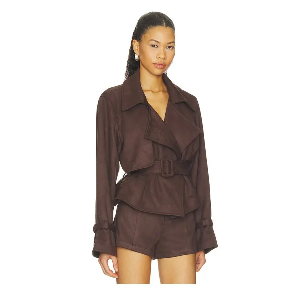 elodie Womens Marais Faux Suede Cropped Trench Coat-Chocolate Fondant 