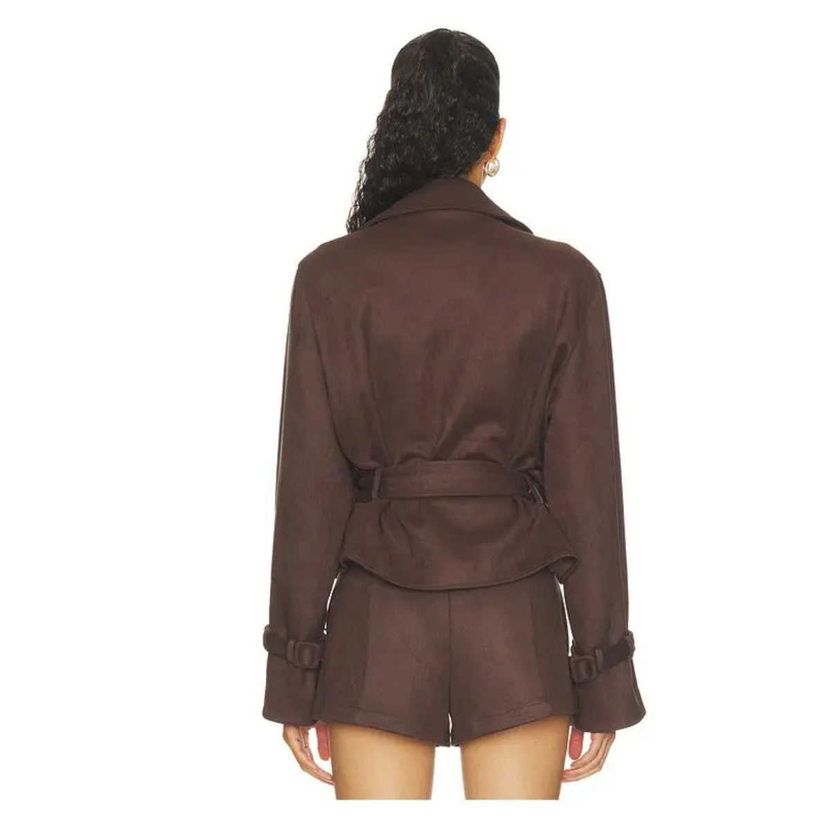 elodie Womens Marais Faux Suede Cropped Trench Coat-Chocolate Fondant 