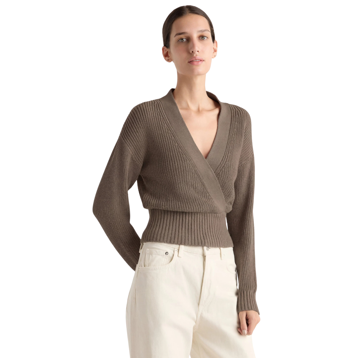 Modern Citizen Womens Maren Cropped V-Neck Sweater-Heather Brown