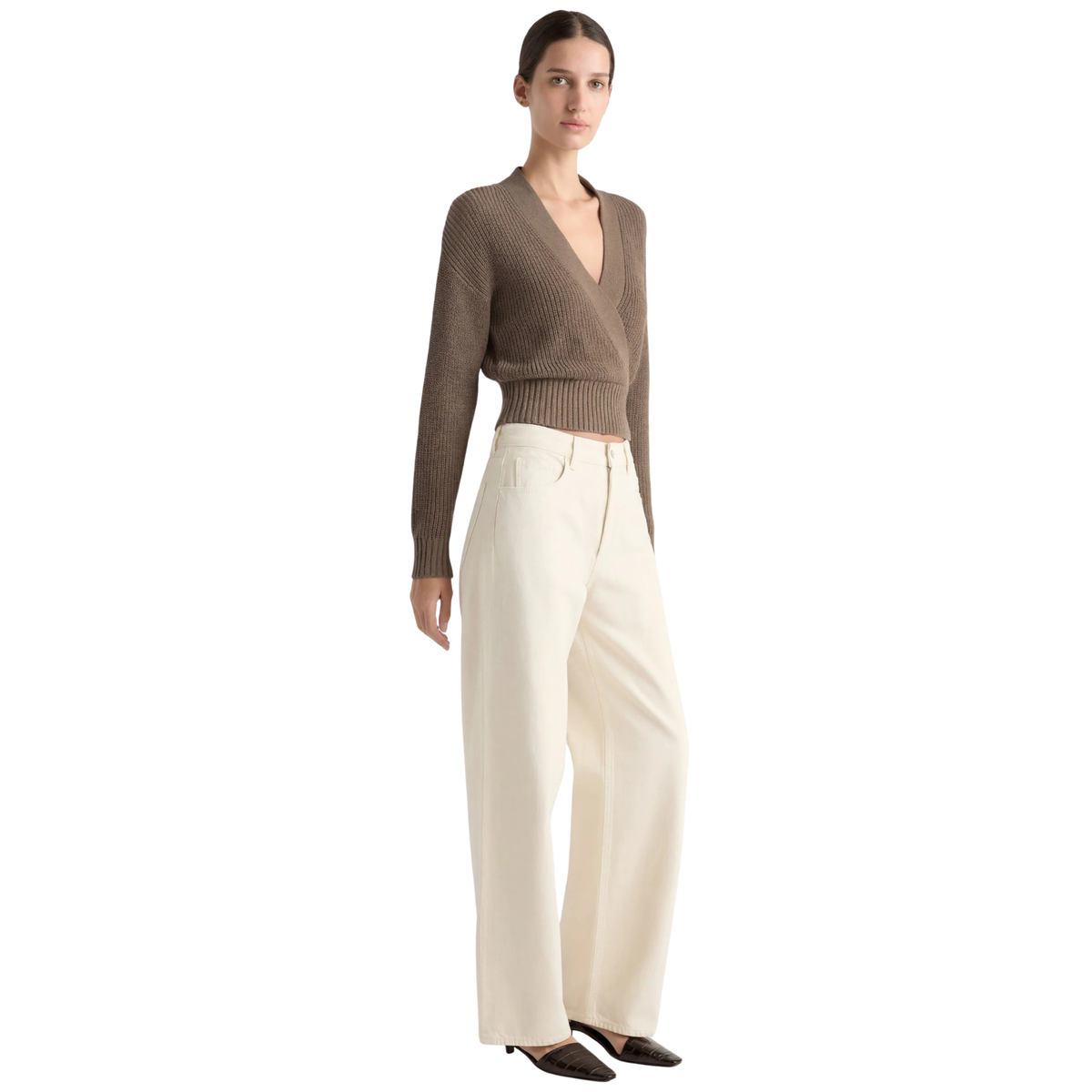 Modern Citizen Womens Maren Cropped V-Neck Sweater-Heather Brown