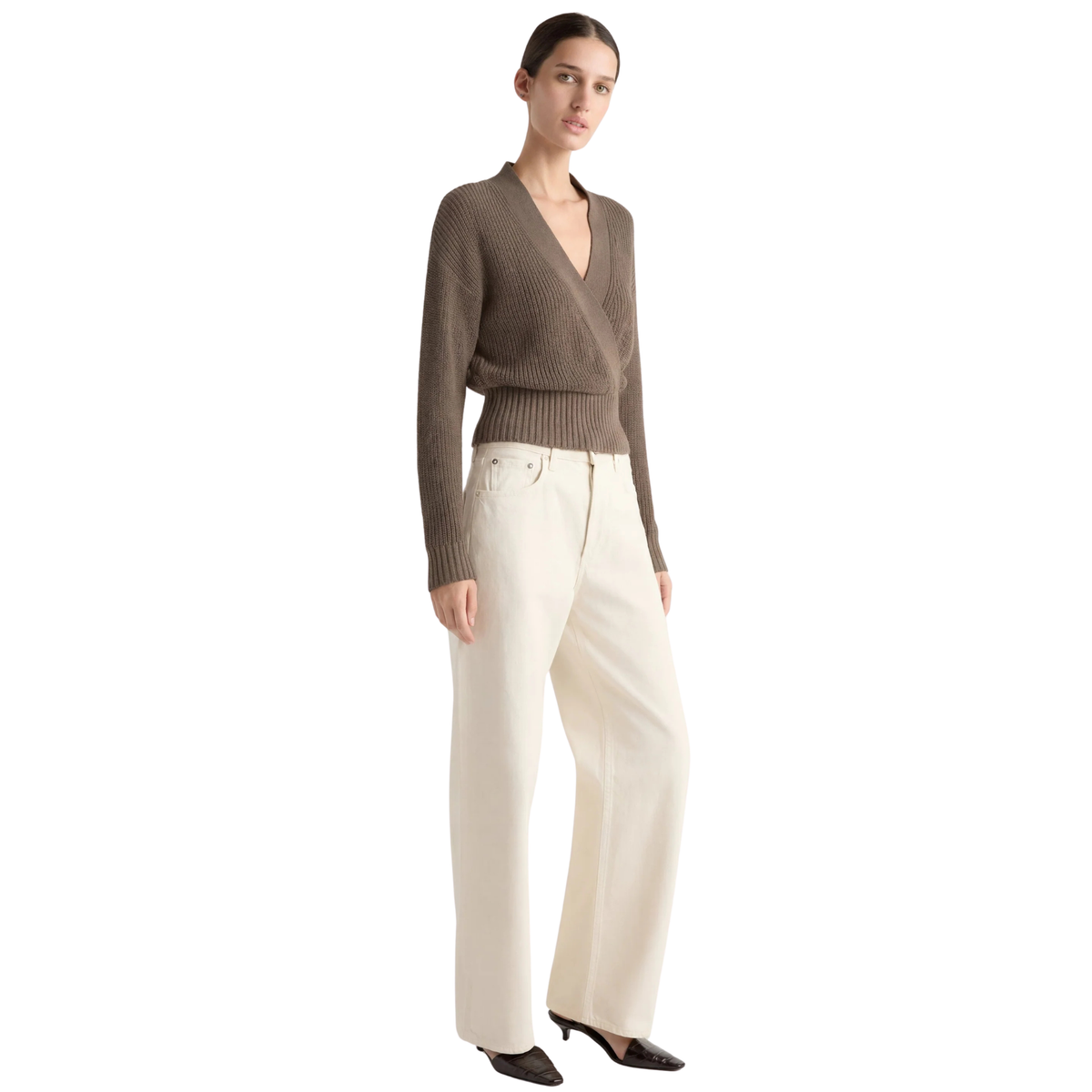Modern Citizen Womens Maren Cropped V-Neck Sweater-Heather Brown