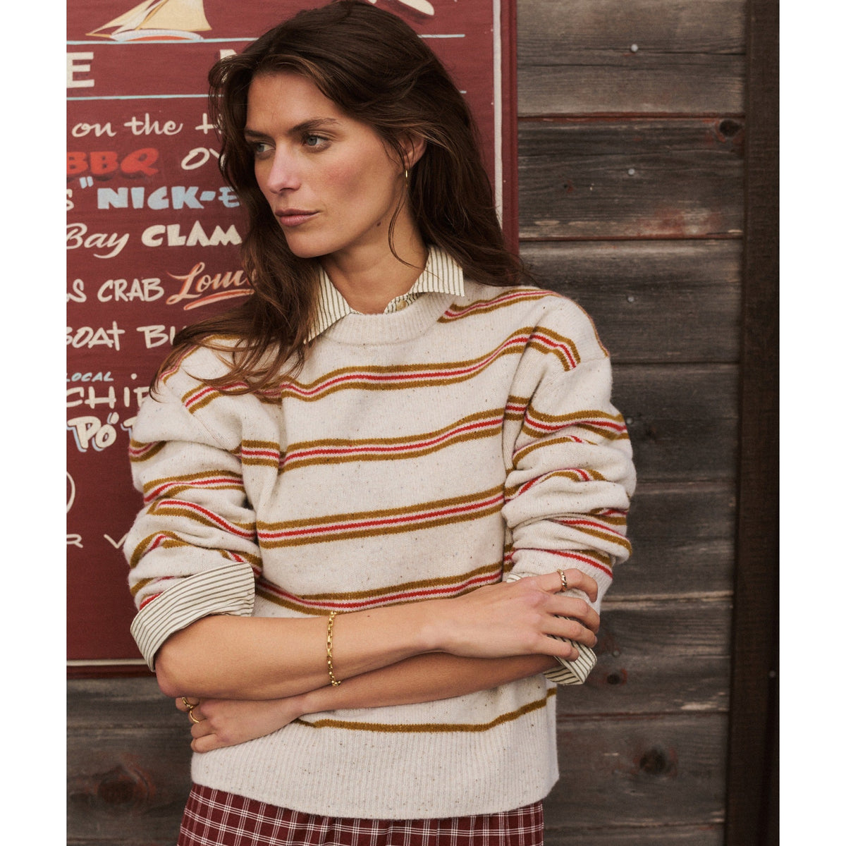 Marine Layer Womens Merino Crewneck Sweater in Ivory Stripe - Ivory Stripe