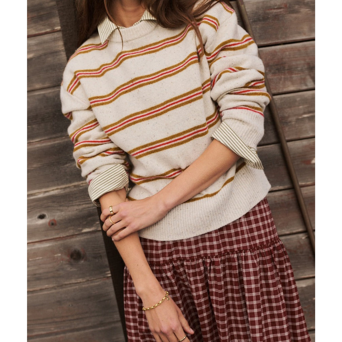 Marine Layer Womens Merino Crewneck Sweater in Ivory Stripe - Ivory Stripe