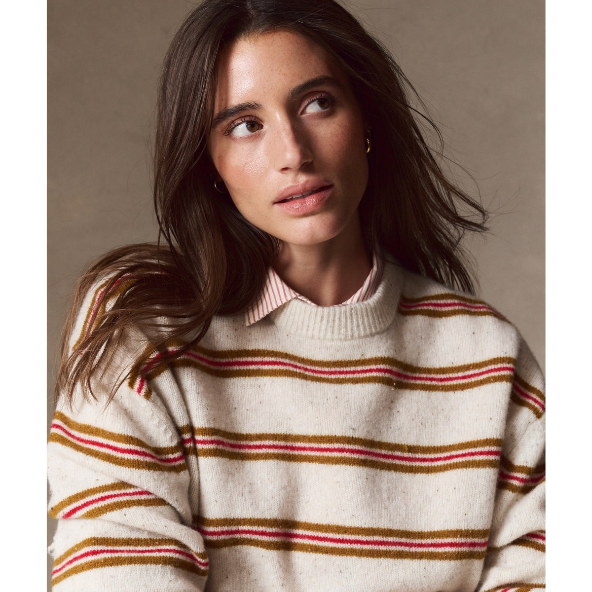 Marine Layer Womens Merino Crewneck Sweater in Ivory Stripe - Ivory Stripe