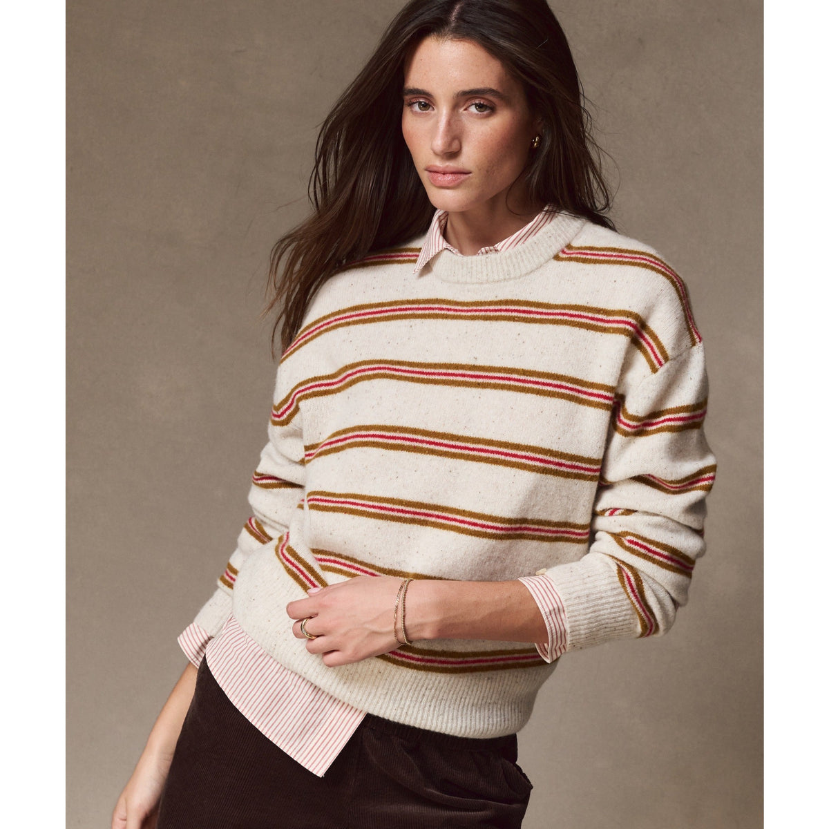 Marine Layer Womens Merino Crewneck Sweater in Ivory Stripe - Ivory Stripe