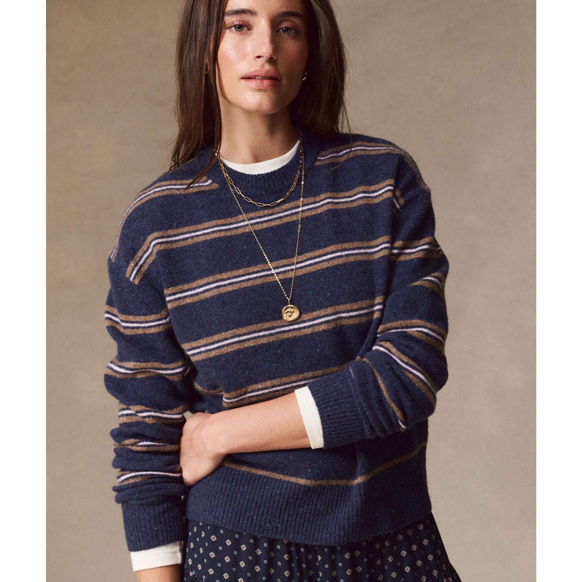 Marine Layer Womens Merino Crewneck Sweater in Navy Stripe - Navy Stripe
