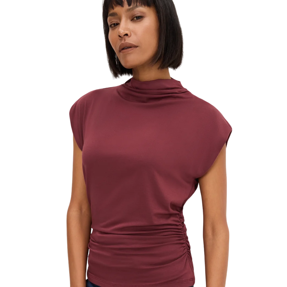 Michael Stars Womens Mina Mock Neck Power Shoulder Top- Port Royale