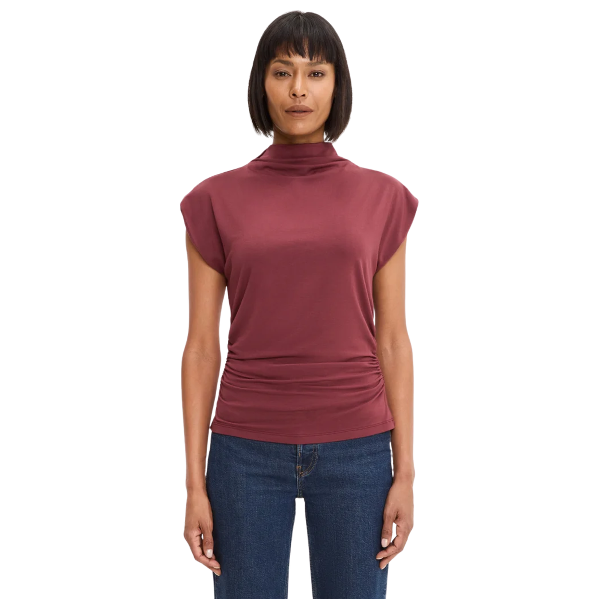Michael Stars Womens Mina Mock Neck Power Shoulder Top- Port Royale
