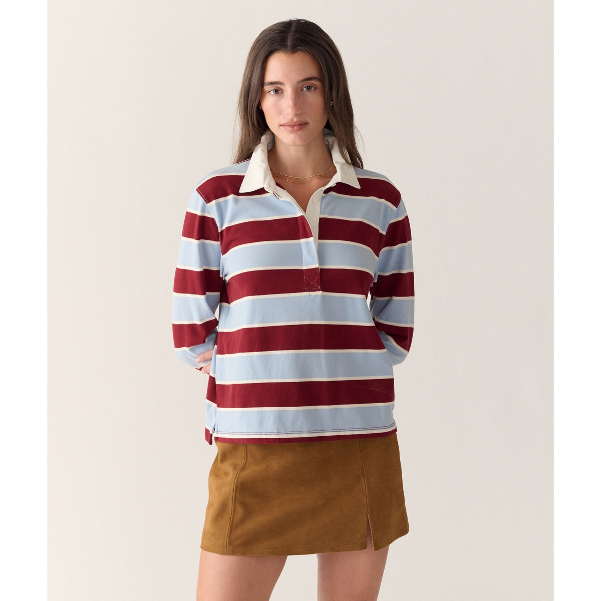 Marine Layer Womens Miracle Jersey LS Polo in Blue & Cabernet Stripe-Blue & Cabernet Stripe