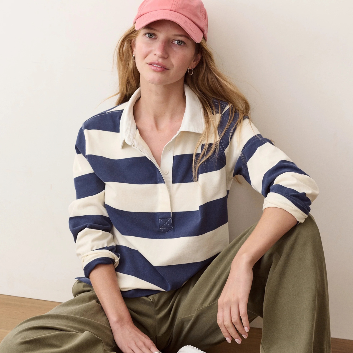 Marine Layer Womens Miracle Jersey LS Polo in Navy & White Stripe-Navy & White Stripe