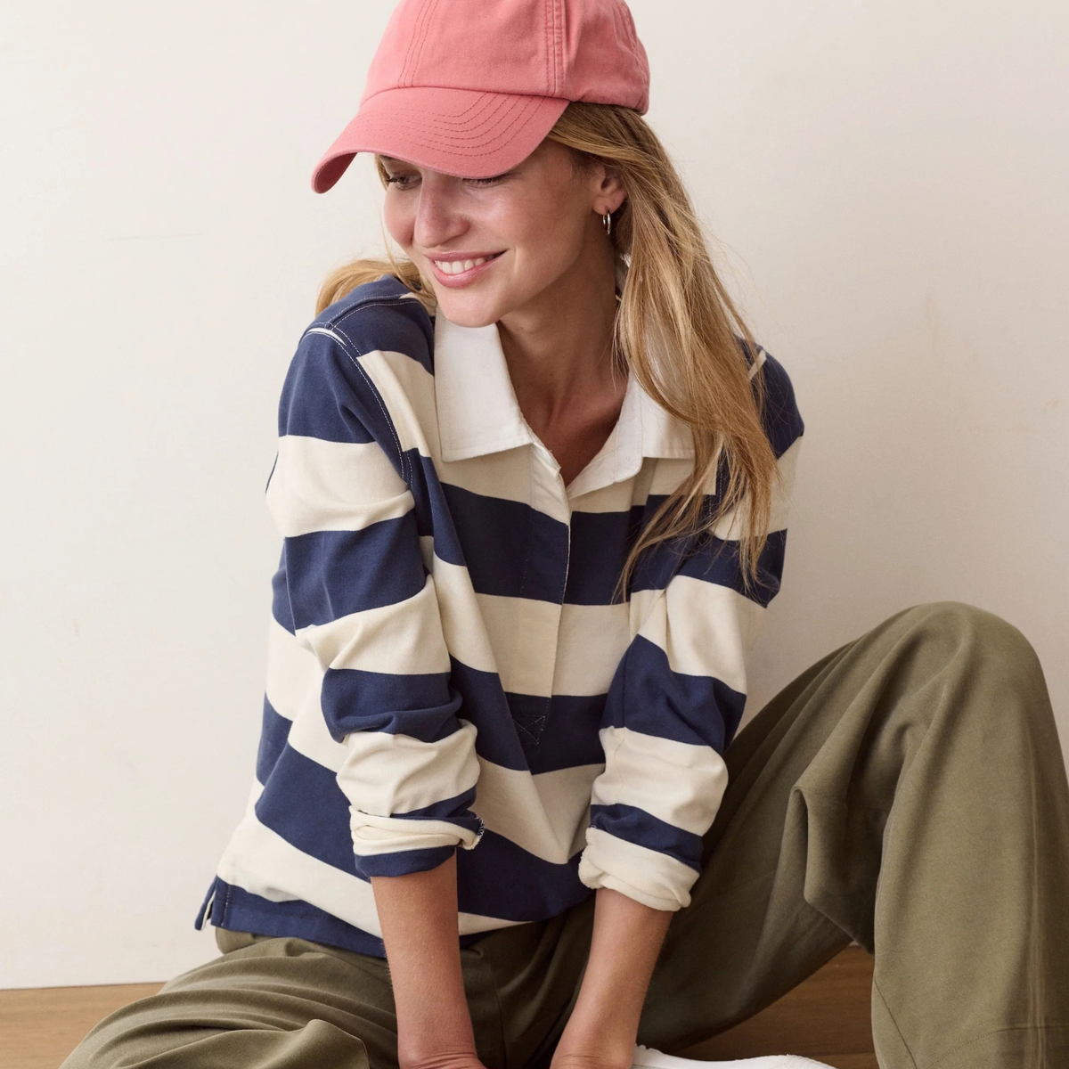 Marine Layer Womens Miracle Jersey LS Polo in Navy & White Stripe-Navy & White Stripe