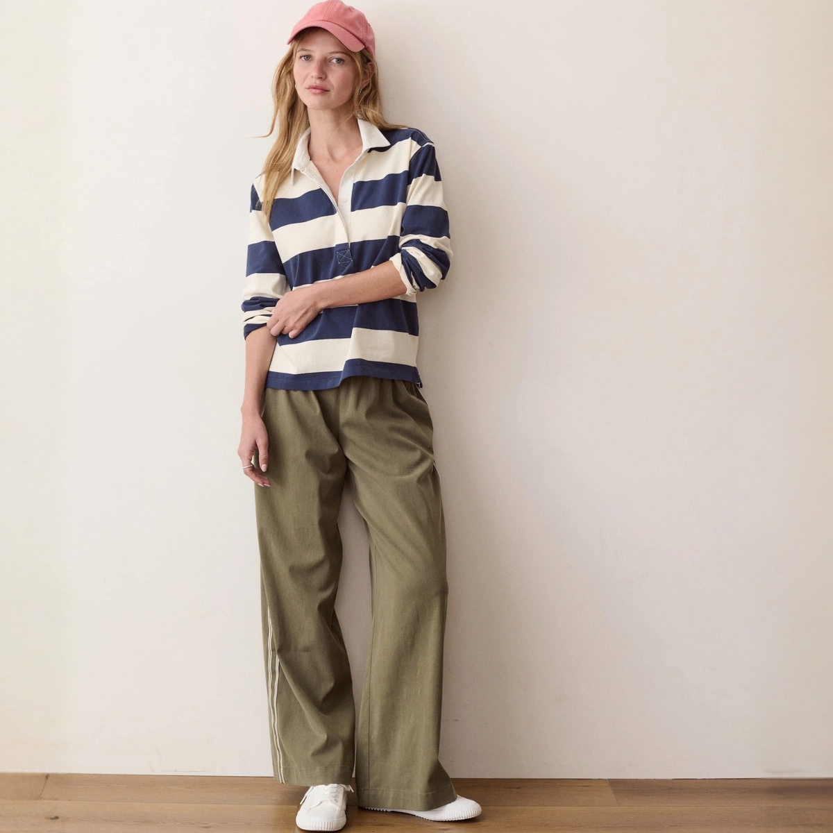 Marine Layer Womens Miracle Jersey LS Polo in Navy & White Stripe-Navy & White Stripe