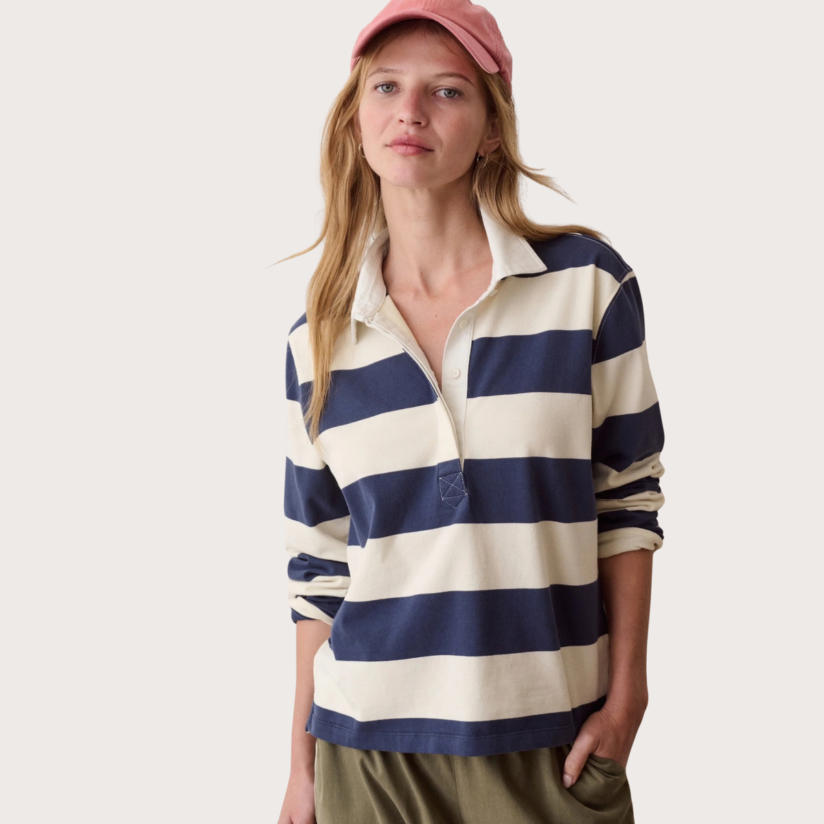 Marine Layer Womens Miracle Jersey LS Polo in Navy & White Stripe-Navy & White Stripe