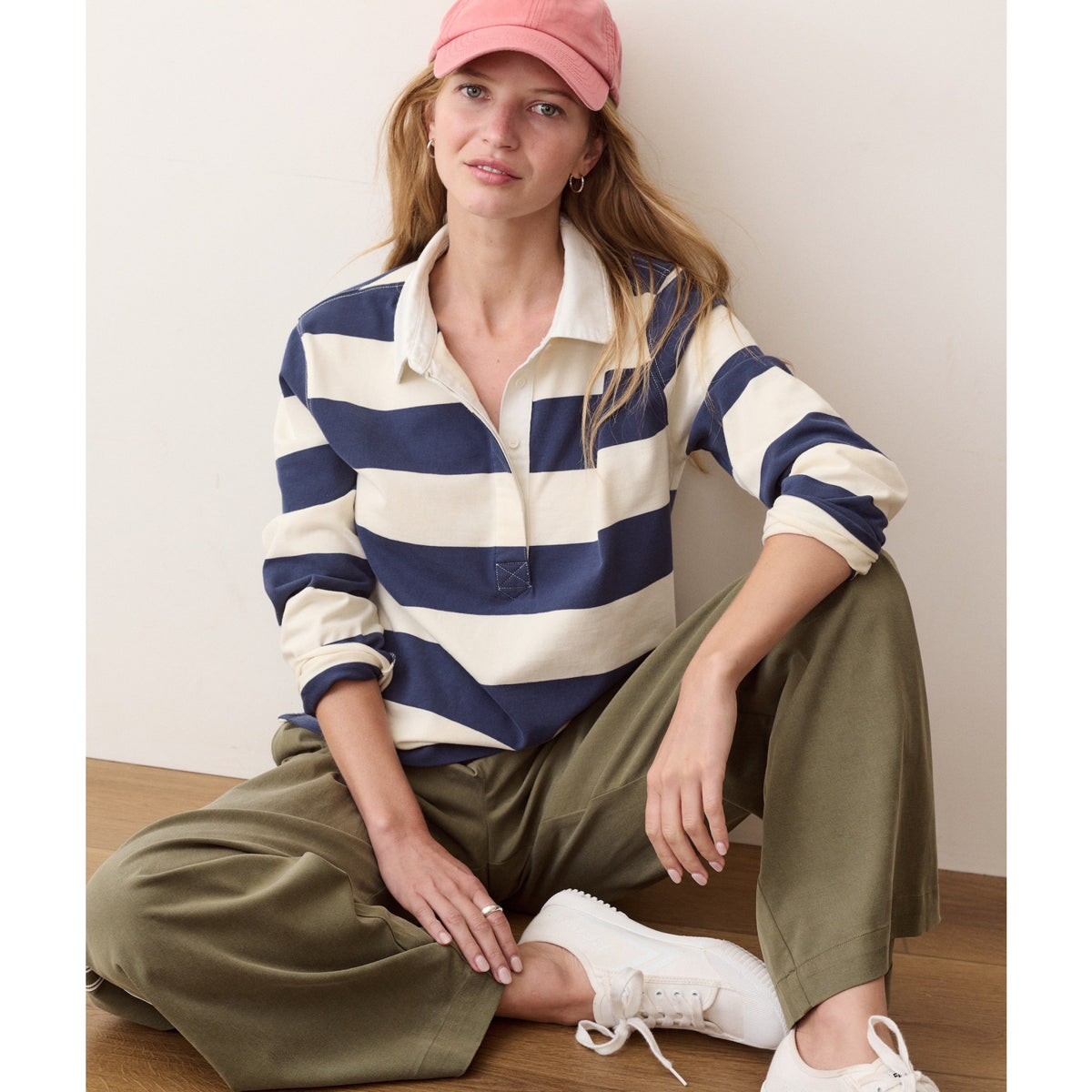 Marine Layer Womens Miracle Jersey LS Polo in Navy & White Stripe