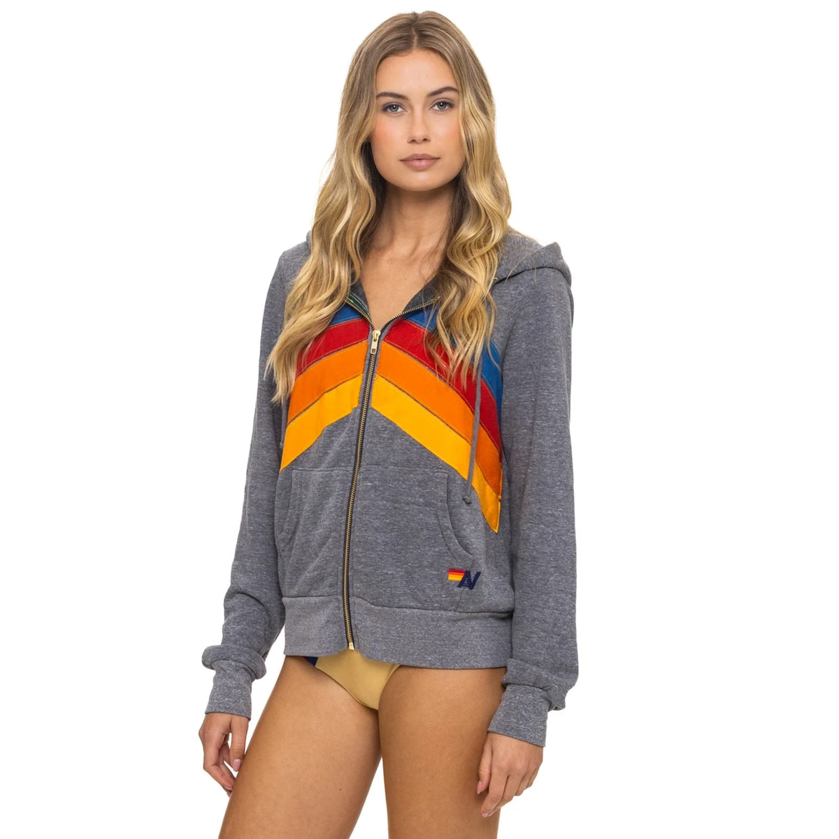 Aviator Nation Womens Mountain Stitch Chevron 4 Zip Hoodie-Heather Grey