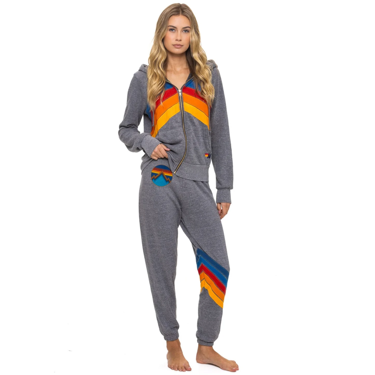Aviator Nation Womens Mountain Stitch Chevron 4 Zip Hoodie-Heather Grey