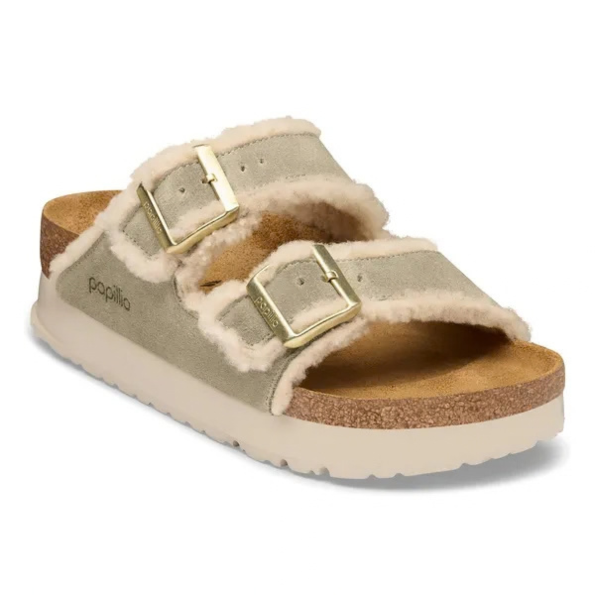 Birkenstock Womens Narrow Arizona Teddy Edge Flex Plat in Taupe Suede - Plat Suede 