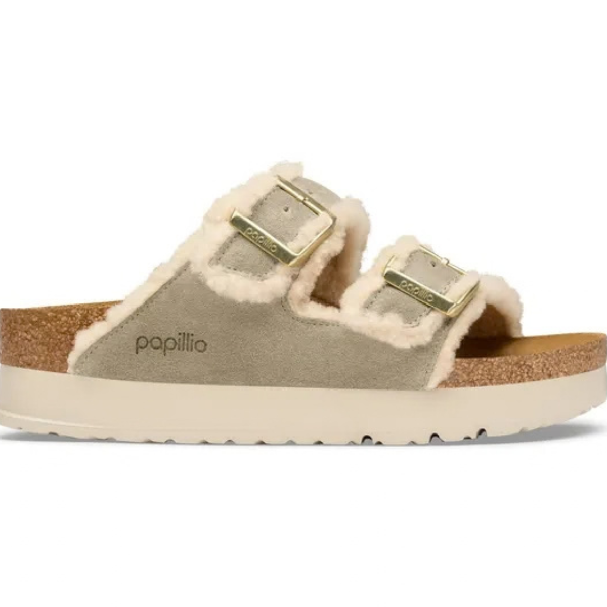 Birkenstock Womens Narrow Arizona Teddy Edge Flex Plat in Taupe Suede - Plat Suede 
