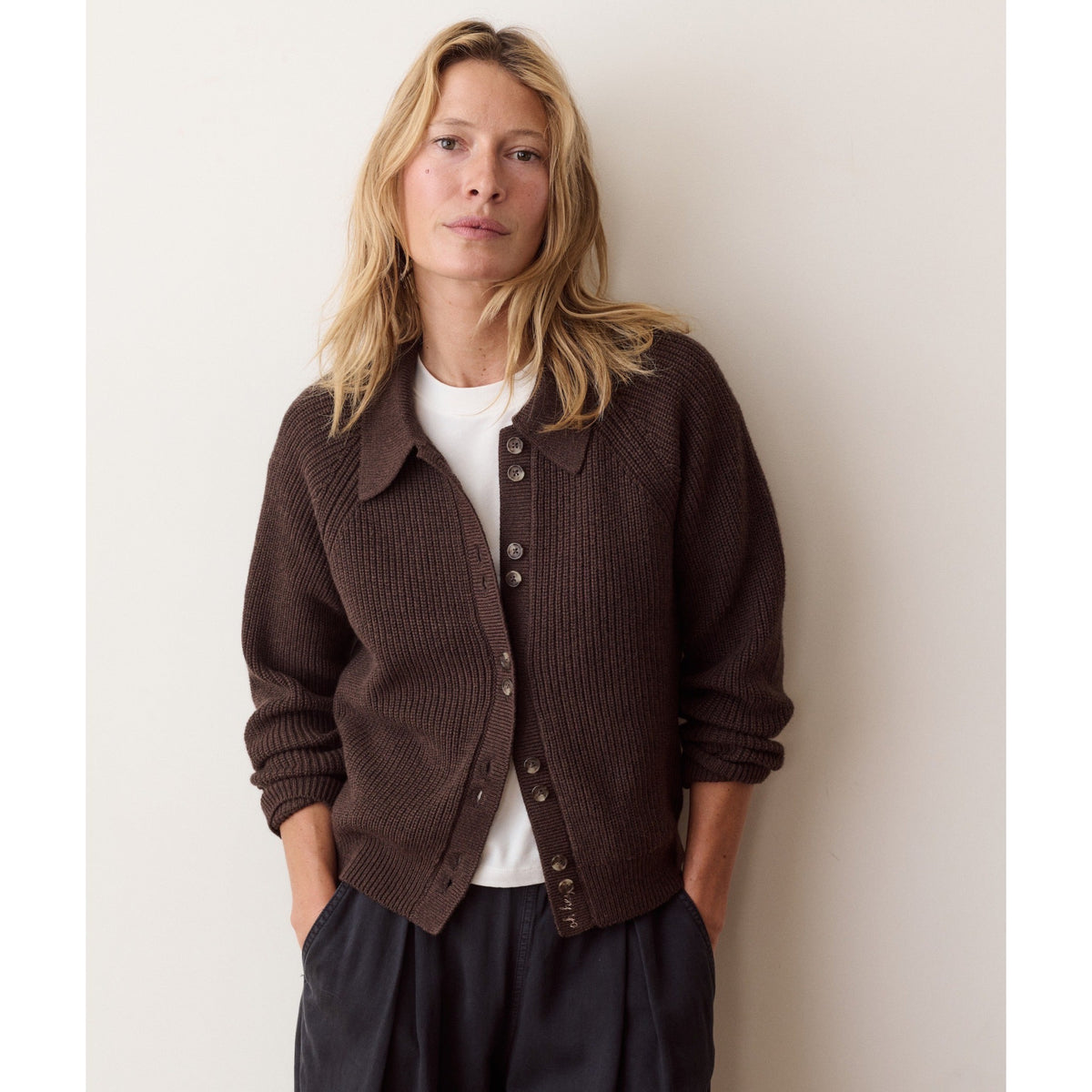 Marine Layer Womens Parker Collared Cardigan in Chocolate - Chocolate