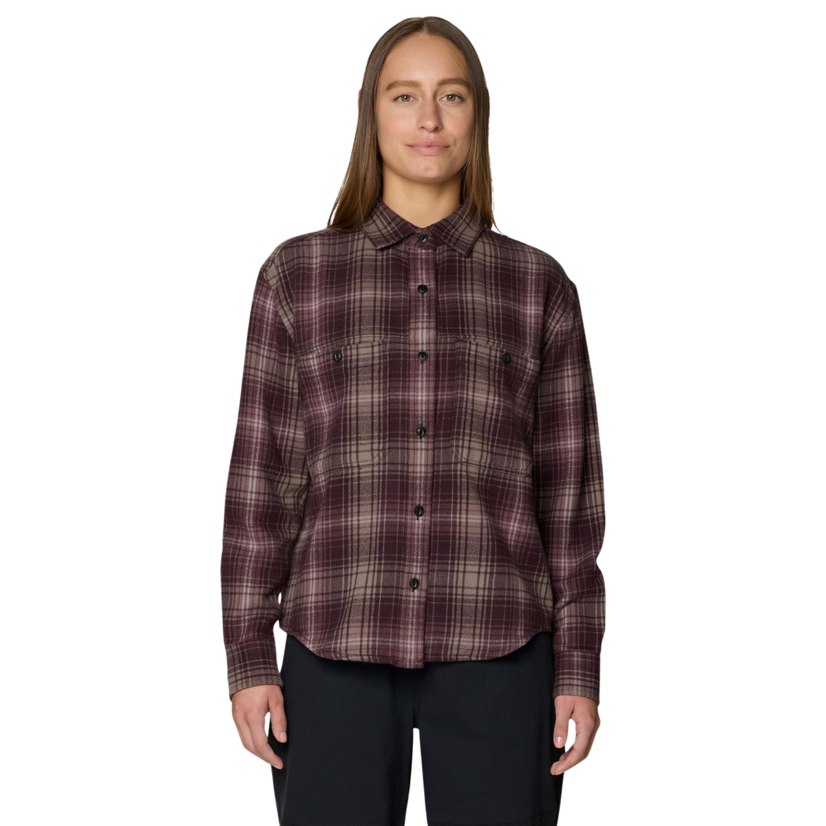 Mountain Hardwear Womens Plusher Relaxed Long Sleeve Flannel-Deep Mulberry Plaid 
