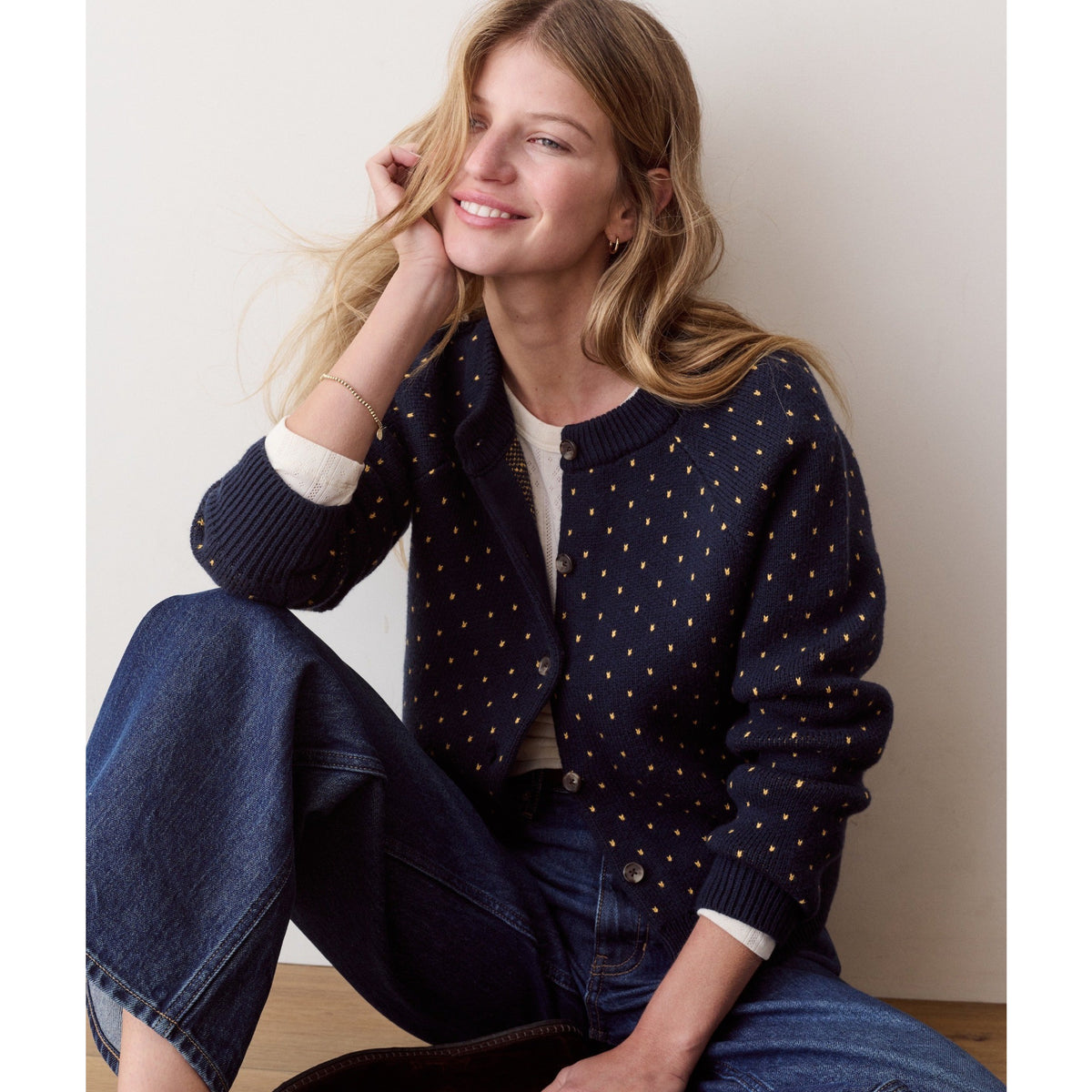 Marine Layer Womens Polka Dot Cardigan in Navy & Gold - Navy & Gold