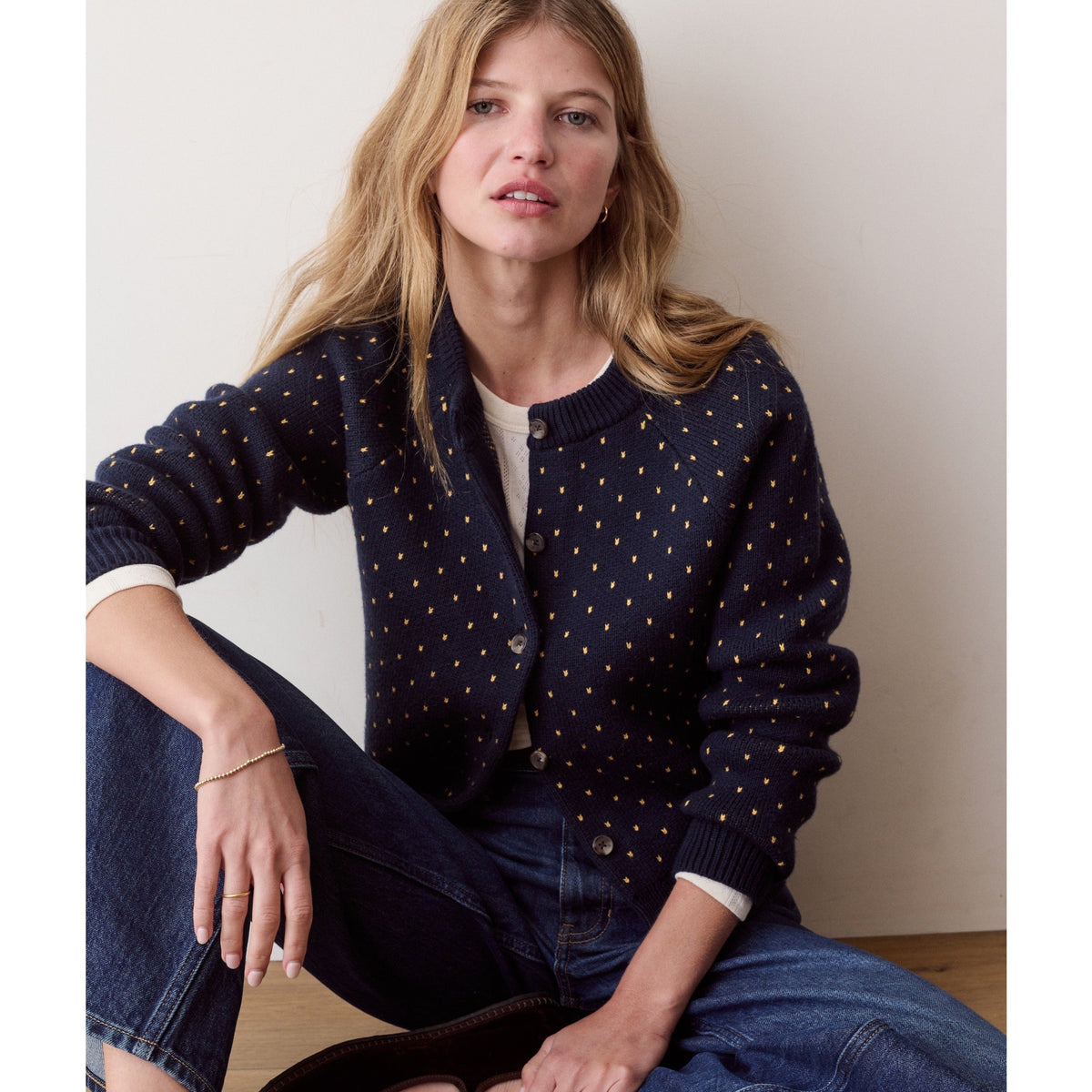 Marine Layer Womens Polka Dot Cardigan in Navy & Gold - Navy & Gold