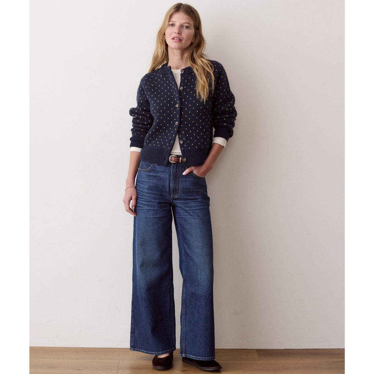 Marine Layer Womens Polka Dot Cardigan in Navy & Gold - Navy & Gold