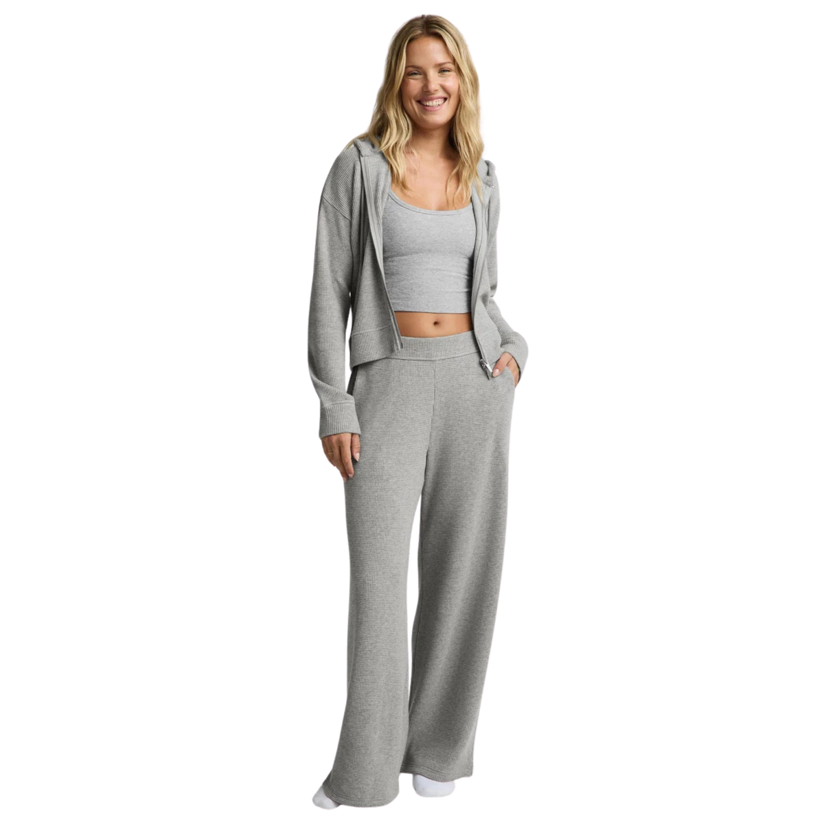 Beyond Yoga Womens Rest Day Waffle Wide Leg Pant-Heather Gray By