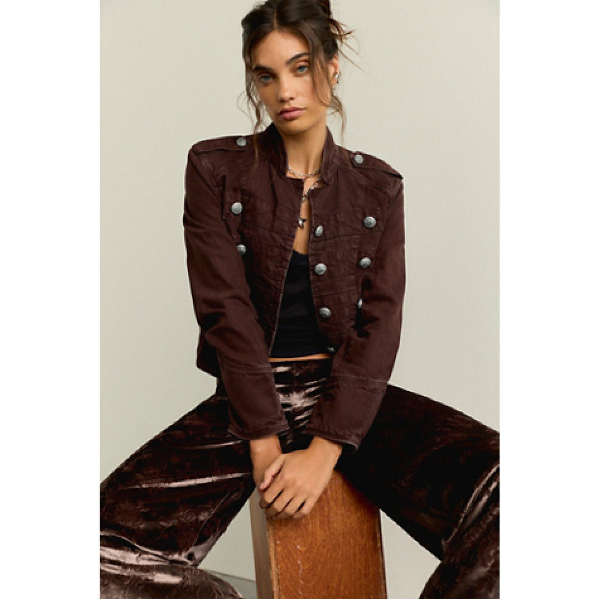 Free People Womens Ryland Band Jacket - Double Espresso