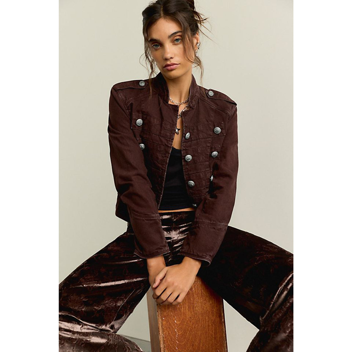 Free People Womens Ryland Band Jacket - Double Espresso