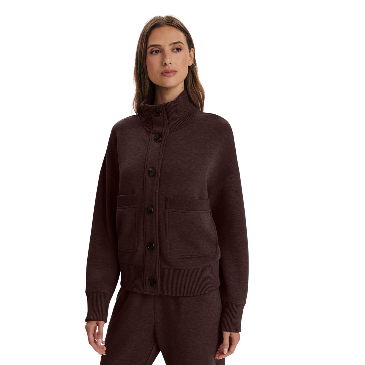 Varley Womens Sabrina Button Through Sweat-Coffee Bean Marl