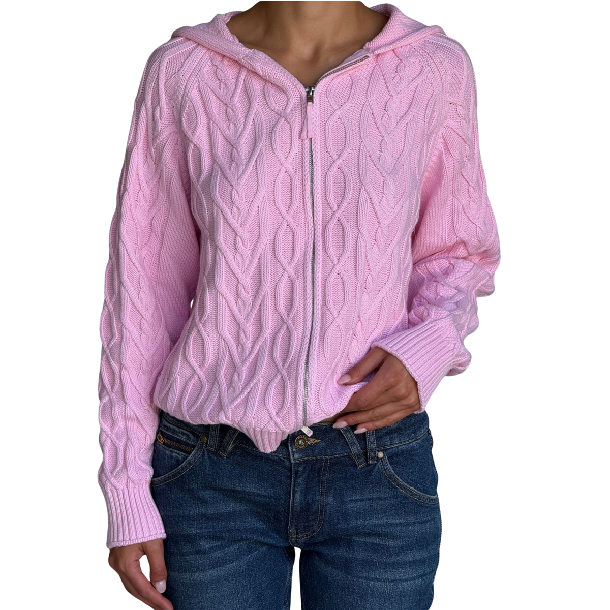Frankies Bikinis Womens Salem Cable Knit Oversized Zip Up Hoodie-Pillow Pink
