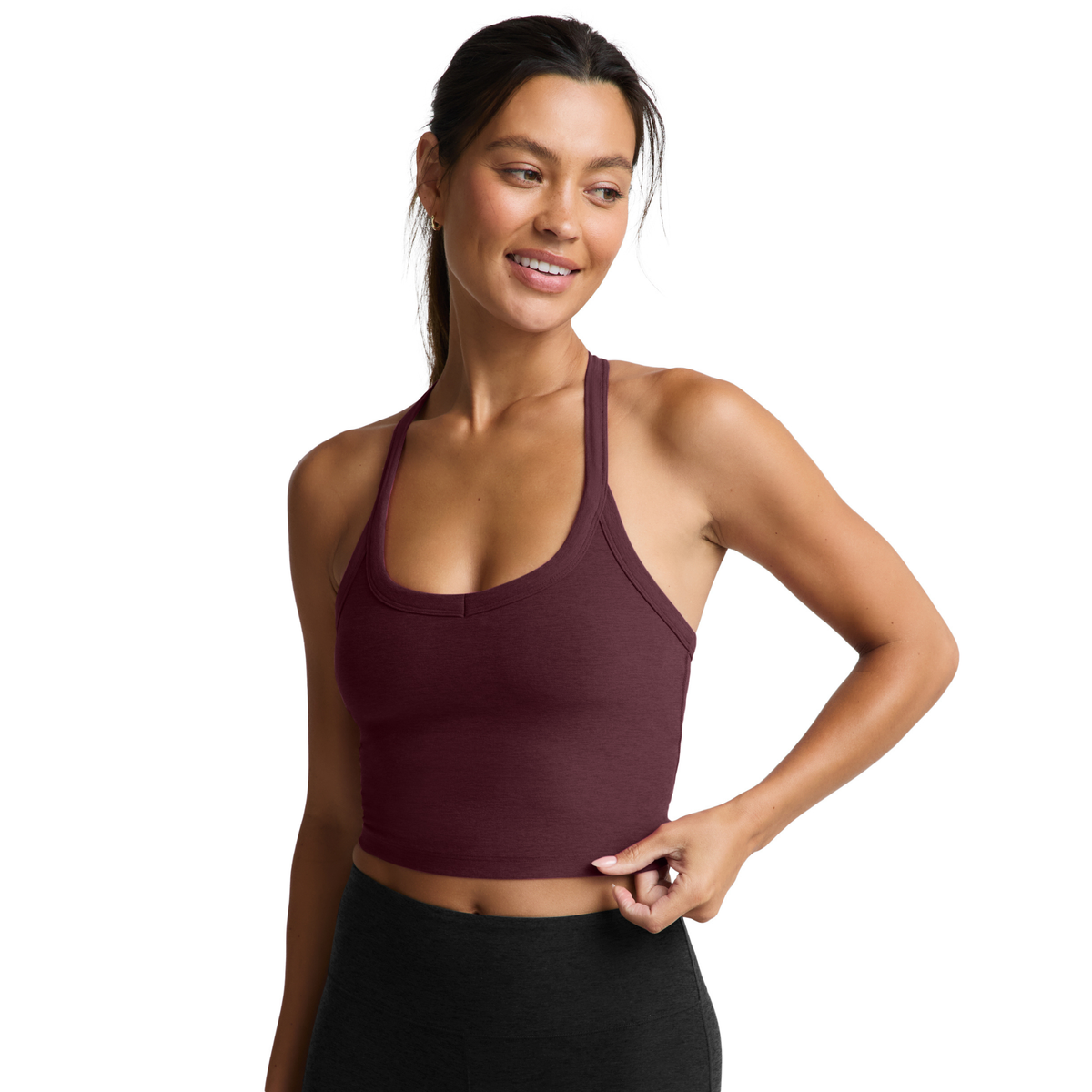 Beyond Yoga Womens Spacedye On The Up Cropped Tank-Cabernet Heather By